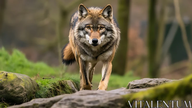 Grey wolf walking on rocky forest path in soft daylight.