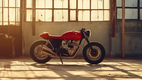 Red cafe racer motorcycle stands in sunlit industrial workshop
