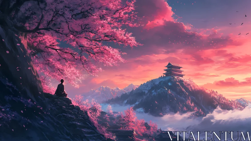 Solitary monk contemplates a distant pagoda at chromatic dusk