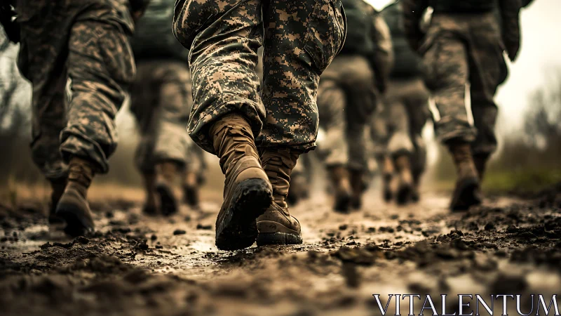 Mud‑scarred march of soldiers in lockstep resolve and grit.
