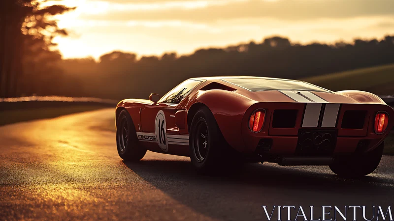 Classic red race car on circuit at low angle sunset light.