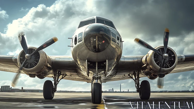Twin‑engine propeller aircraft is parked on the runway