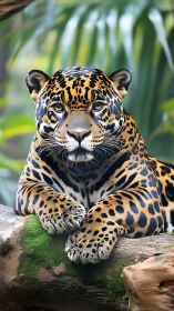 Resting jaguar gazes calmly from a mossy jungle perch