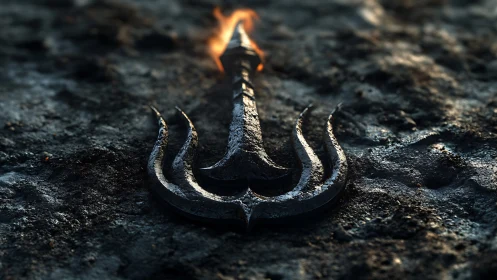 Burning trident emblem resting on charred ground surface.