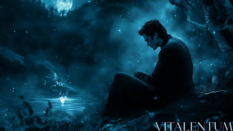 Solitary male figure at moonlit forest pond edge at night.