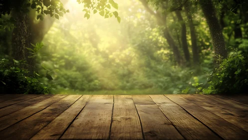 Wooden Platform Overlooks Sunlit Forest Path.