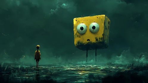 Curious child meets a floating yellow cube in a misty dreamland