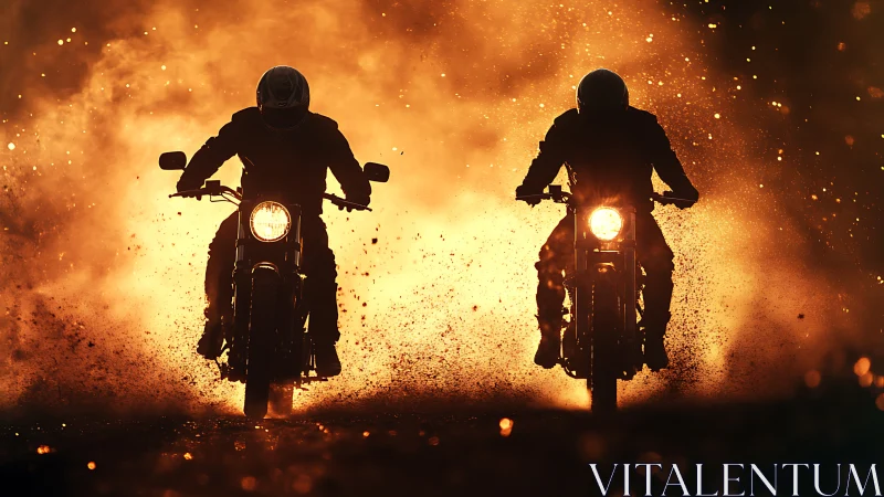 Dual motorcycle silhouettes in incendiary backlit dust field.