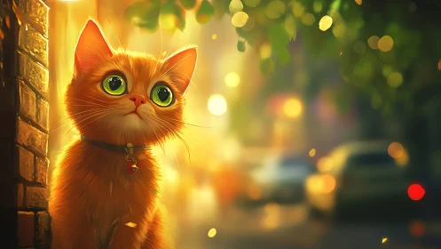 Golden Cat with Bright Green Eyes Peering from Brick Corner.