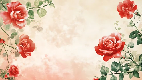 Red Roses Blooming Against Soft Cream Background.