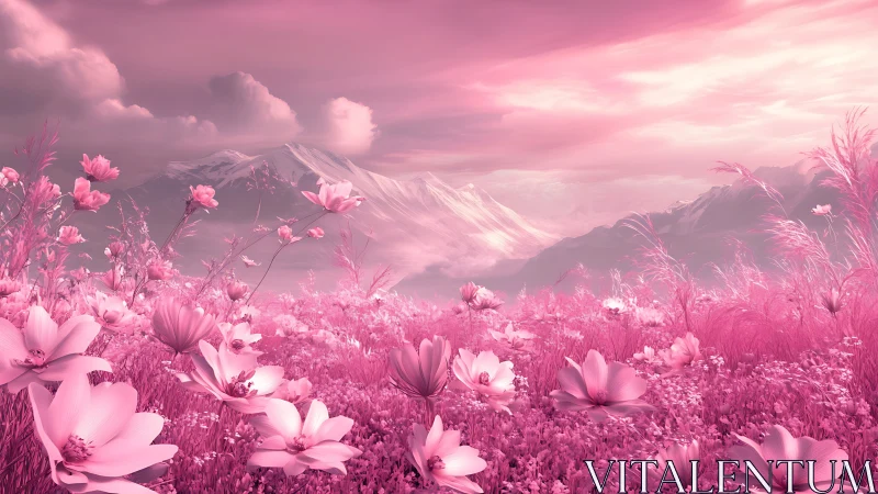 Pink flower meadow spreads before distant snow mountains