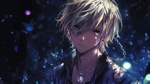 Melancholic blond anime boy stands in a glowing midnight haze