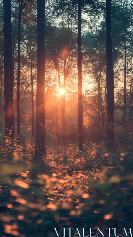Golden Sunrise Through Forest Canopy with Volumetric Light.