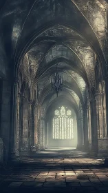 Gothic stone nave with vaulted arches in moody cinematic light.