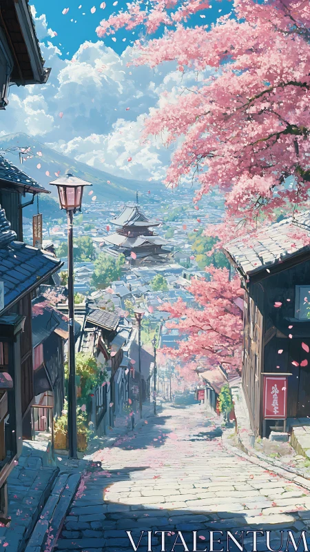 Cherry blossom street overlooks distant pagoda under spring sky