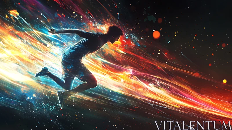 Silhouetted runner explodes through neon energy trails in motion