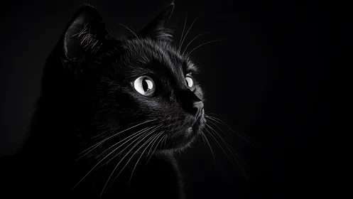 High-contrast monochromatic feline portrait with luminous ocular presence.