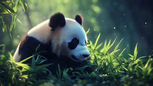 Gentle panda resting in sunlit bamboo, wrapped in calm wonder.