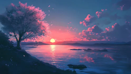Gentle pink sunset paints a calm lakeside with glowing light