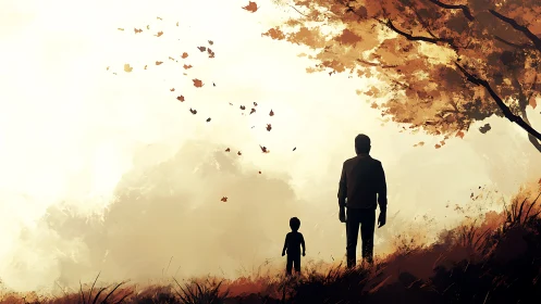 Warm autumn hillside walk shared between parent and child.