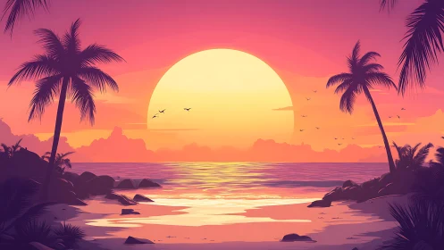 Digital sunset seascape with silhouetted tropical palm forms.