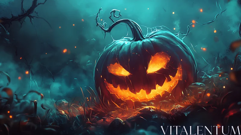 Cinematic digital painting of glowing jack o’lantern centerpiece.