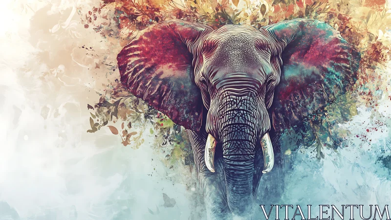 Majestic elephant emerges from abstract watercolor foliage