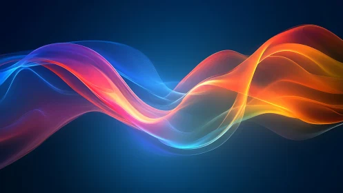 Colorful flowing light waves on deep blue background.