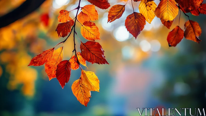 Autumn leaves glow against soft bokeh forest backdrop.