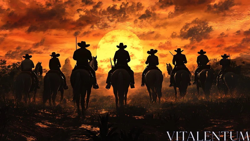 Cowboy silhouettes ride toward a blazing western sunset.