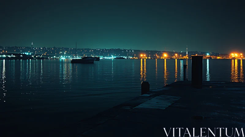 Harbor pier foreground faces illuminated city shoreline at night