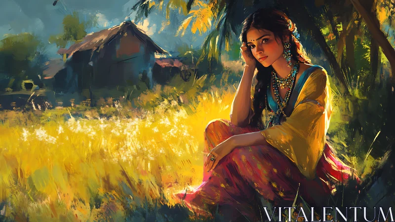 Woman in rural field beside house under strong sunlight.