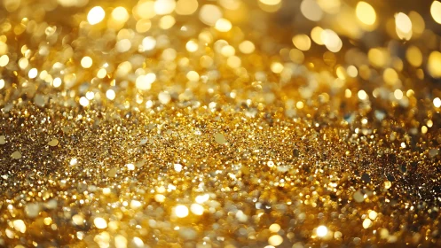 Macro bokeh field of reflective golden glitter particles in light