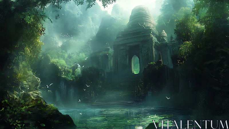 Ancient stone temple hidden in misty jungle by water.