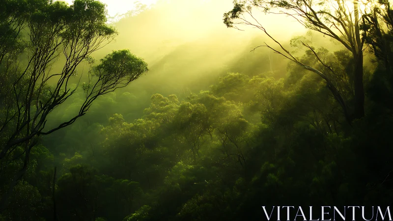 Misty forest canopy with atmospheric sunlight filtering through trees