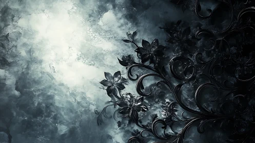 Dark floral scrollwork blooms against ethereal misty light.