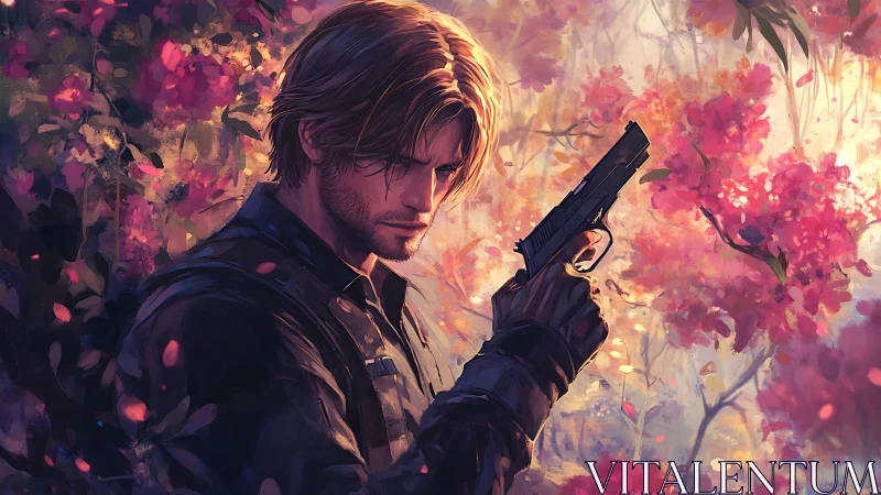 Brooding gunman stands amidst glowing, dreamlike blossoms.
