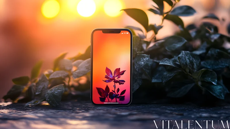 Gradient Bloom Mobile Display: Sunset Botanical Interface Composition.
