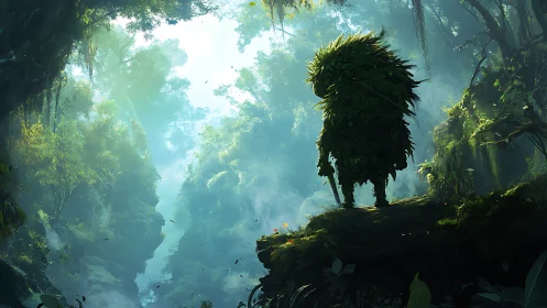 Leaf-covered forest figure on cliff in misty ravine.