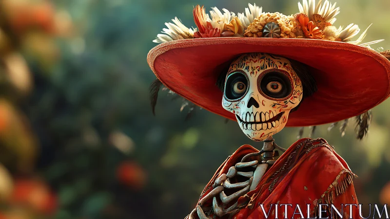Skeleton in floral hat wearing red shawl outdoors scene.
