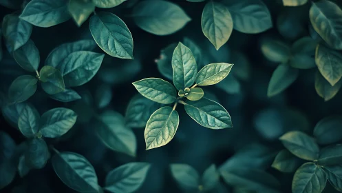 Macro top view of green foliage with shallow depth of field