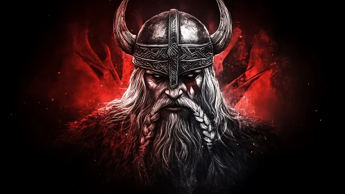 Bloodlit viking warlord stares through the storm of embers.