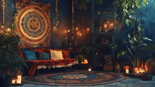 Bohemian lounge with mandala textile, foliage and candles.