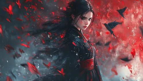 Mystical warrior in red petals and ravens swirling around.