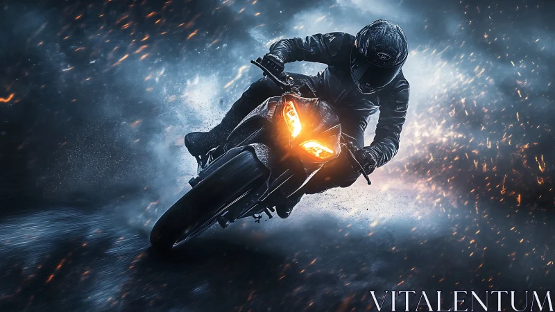 Headlights carve molten trails through a storm of sparks