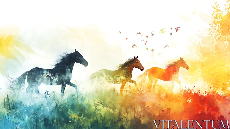 Wild horses gallop through vibrant watercolor light and color