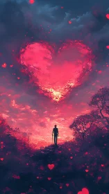 Solitary Figure Beneath Massive Glowing Heart in Dystopian Landscape