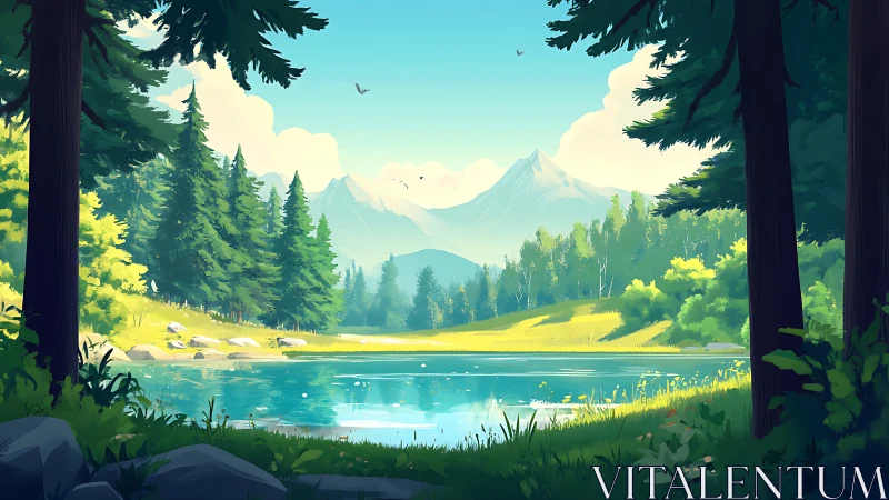 Mountain Lake Valley Forest Landscape Digital Artwork.