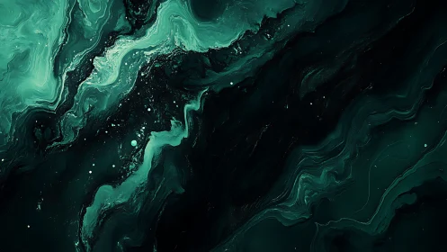 Emerald cosmic waves swirl through deep abstract space.