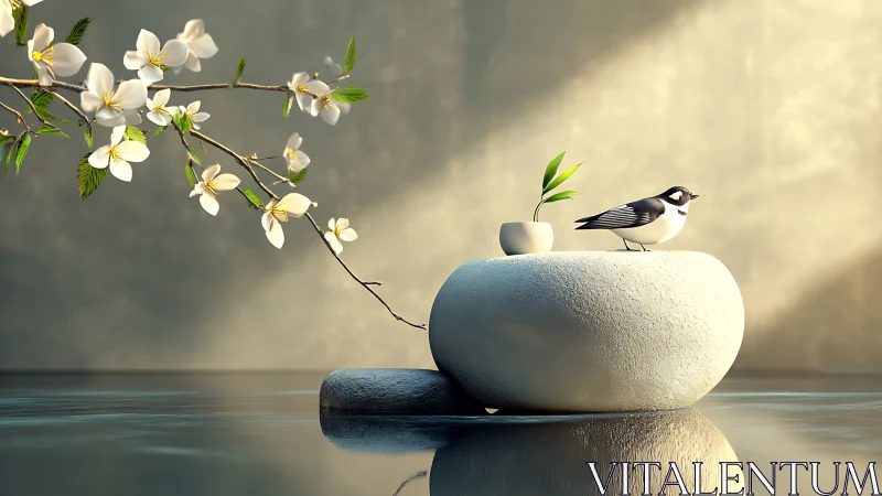 Zen bird on stone with blossoms in tranquil reflections.